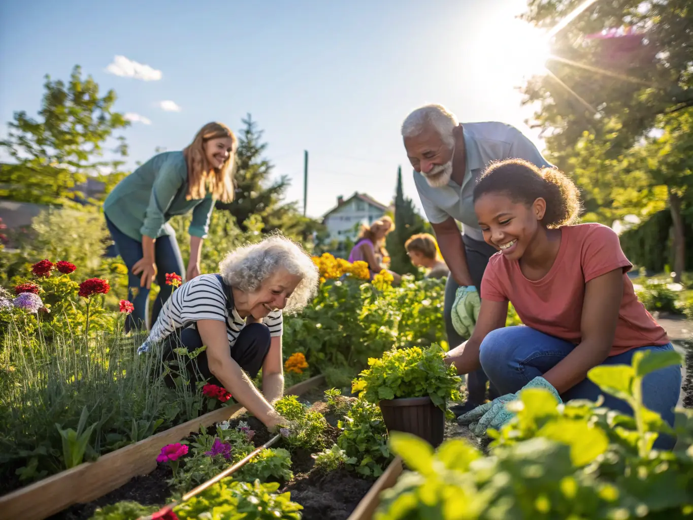 A vibrant community garden with residents of all ages working together, planting vegetables and flowers. The scene captures the essence of community development and collaboration, showcasing ATAP's commitment to enhancing local resources.