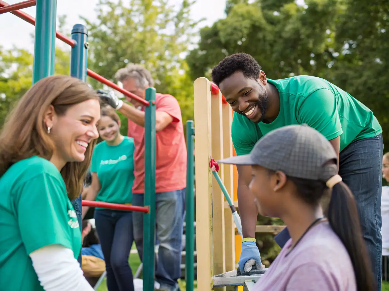 A group of volunteers constructing a new playground in a local park, with children playing nearby. The image represents ATAP's dedication to improving community facilities and creating safe, engaging spaces for children and families.