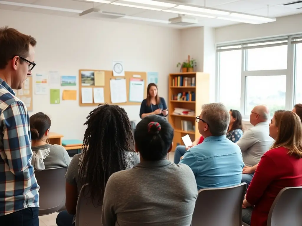 A diverse group of families participating in a parenting workshop, with a facilitator guiding the session. The setting is a bright, welcoming community center, emphasizing the supportive environment ATAP provides.